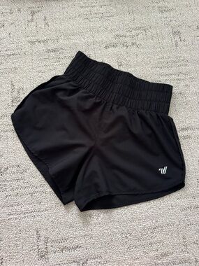Women's Black Athletic Shorts with Smocked Waist and Subtle Logo